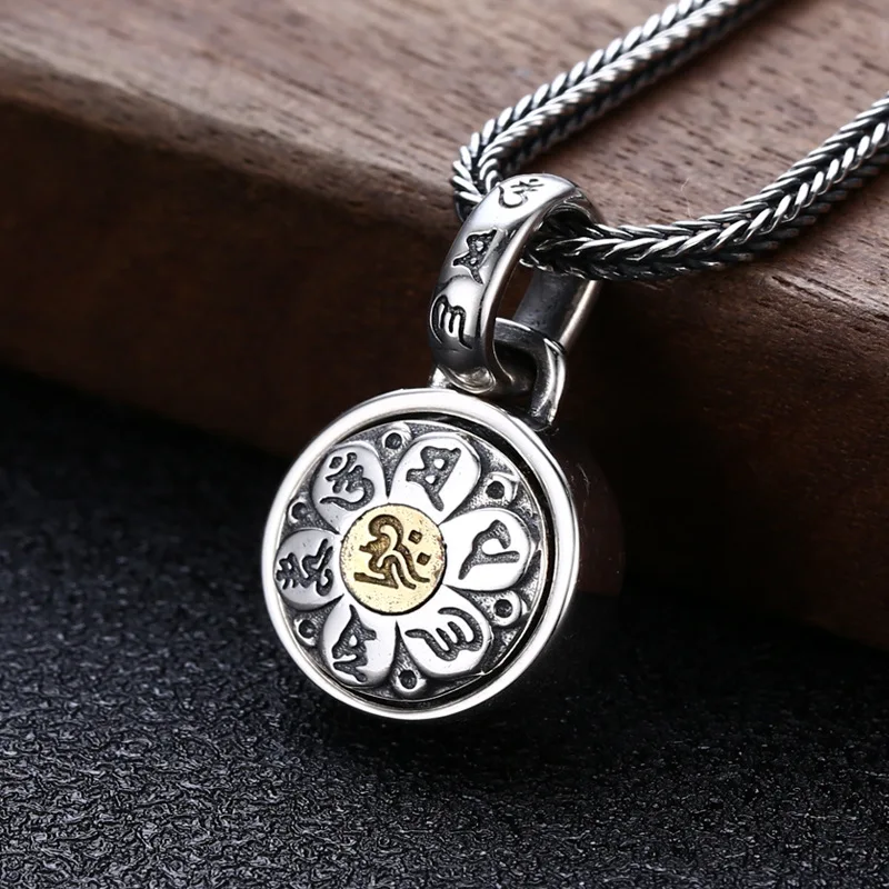 

S925 sterling silver jewelry retro thai silver men stylish pendant six-character mantra rotatable necklace pendant