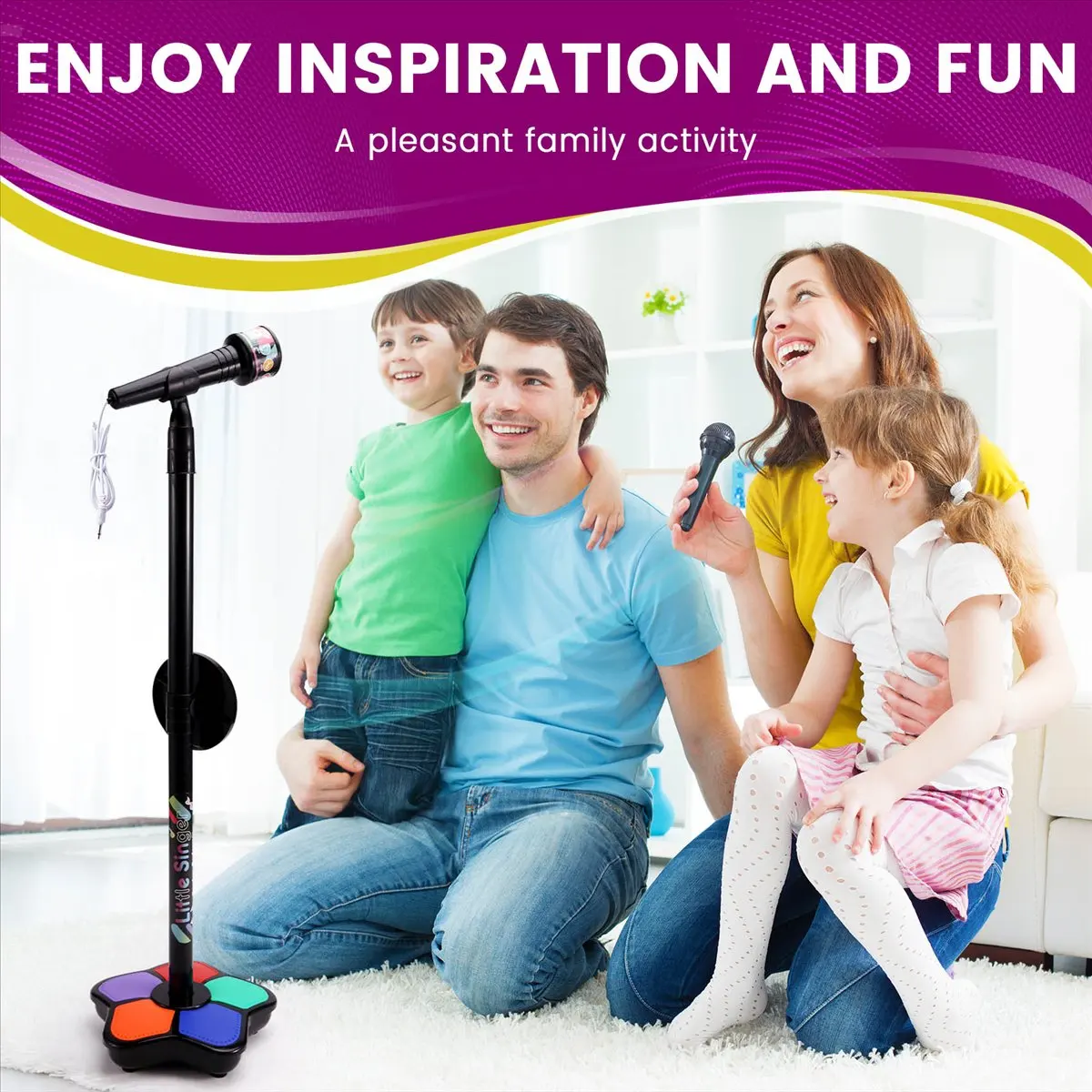 AA25 Kids Microphone with Light Stand Toy,Height-Adjustable Microphone,Brain-Training Educational Toys Birthday Gift Black