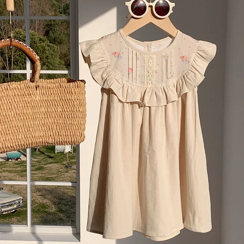 2025 New Summer Sister Clothing 2-7Yrs Kids Princess Dresses Sleeveless Cotton Print Splicing Baby Girl Party Dress