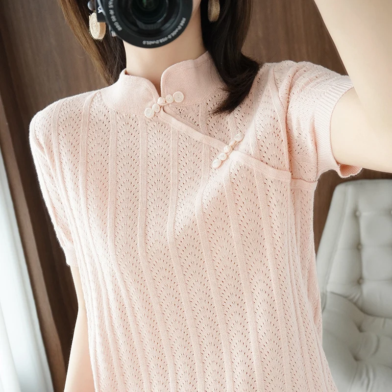 Spring/summer 2022 Cheongsam collar pure cotton short sleeve women's hollow knit bottom design cotton and linen half sleeve top