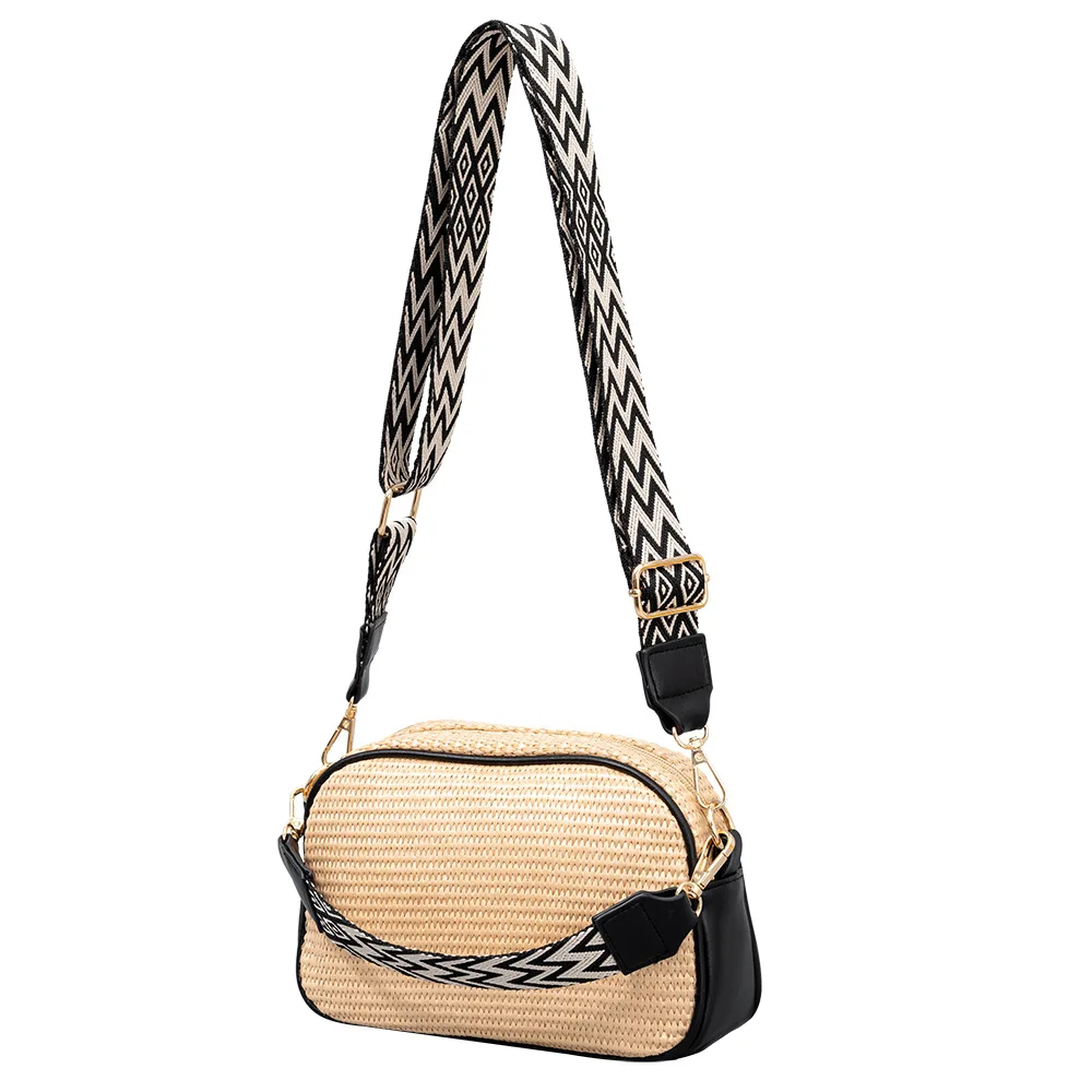 Straw Woven Crossbody Bag Women, Color Block Print Small Square Purse, Wide Strap Boho Shoulder Bag for Casual Travel