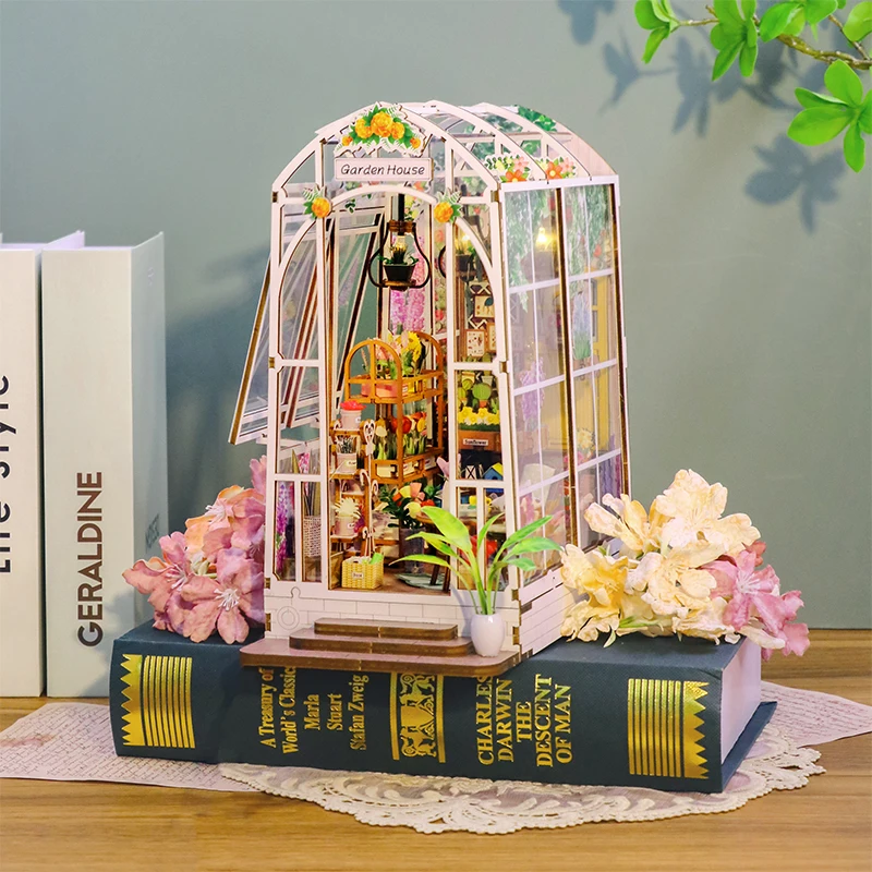 Imagem -04 - Moderno Faça Você Mesmo de Madeira Livro Nook Prateleira Inserir Kits de Construção em Miniatura Flower Garden House Bookend Decoração Adulto Handmade Presentes Novo