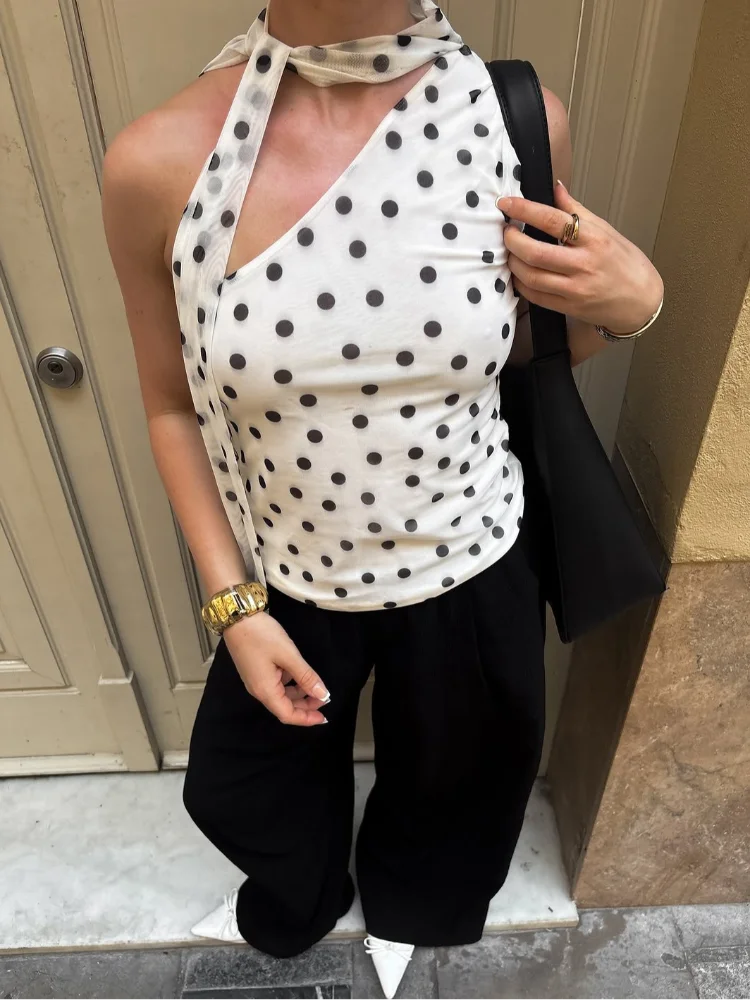 

Fashion Polka Dot Slanted Shoulder Scarf Top Women Sleeveless Waist Cinched Short Tops Lady Daily Commute Casual Street Outwear
