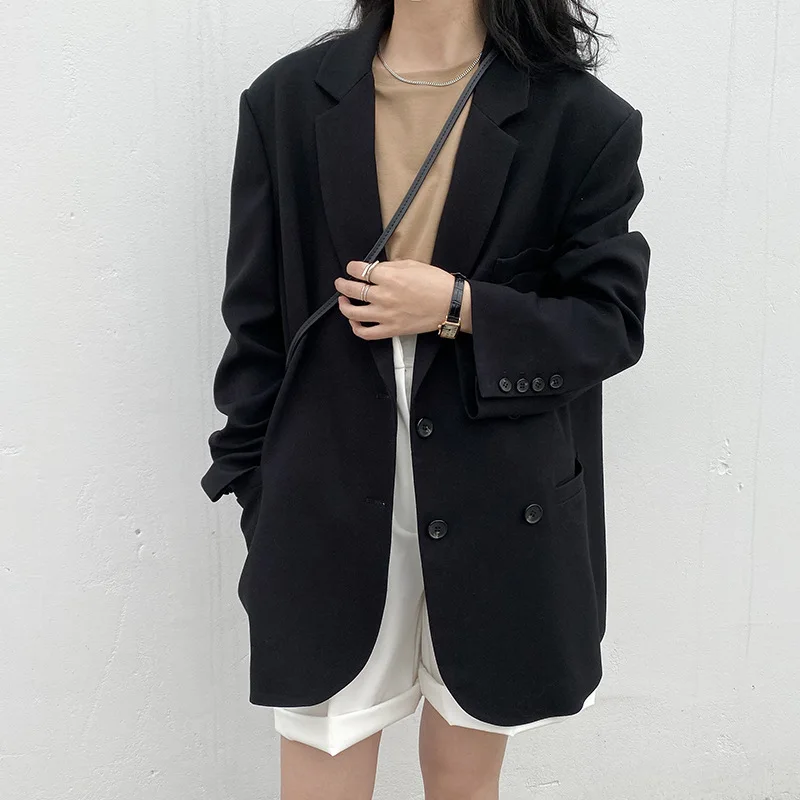 

Street Casual Loose Double-breasted Solid Suit Jacket Mid-length Styles Lapels Tops Office Lady Elegant Fashion Women's Clothing