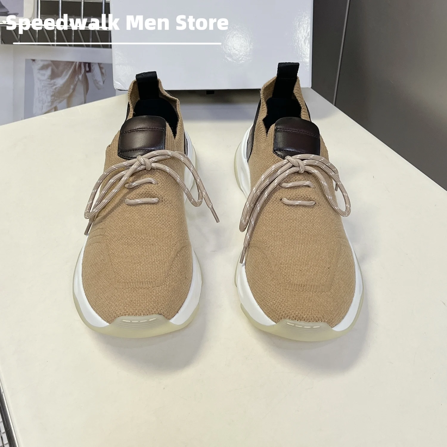 All Season Men Elastic Knit Sneakers Spring Autumn Leather Patch Lace Up Shock Absorbing Thick Sole Business Casual Trainers