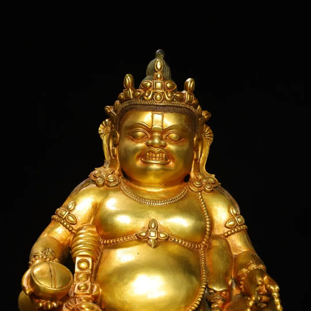 Antique Tibetan Brass Gold Plated Yellow Jambhala Statue Vintage Desktop Decor