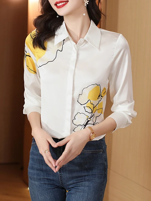 Camisas de seda estampadas para mujer Blusa de manga larga de saten para mujer Tops blancos ropa de moda para mujer blusas florales OL para otono