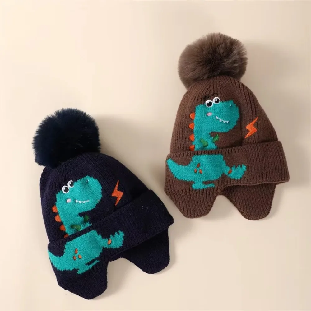 Cute 2-8year Boy Girl Baby Knitted Hat Windproof Cartoon Dinosaur Knitted Woolen Hat Warm Kids Earmuffs Cap