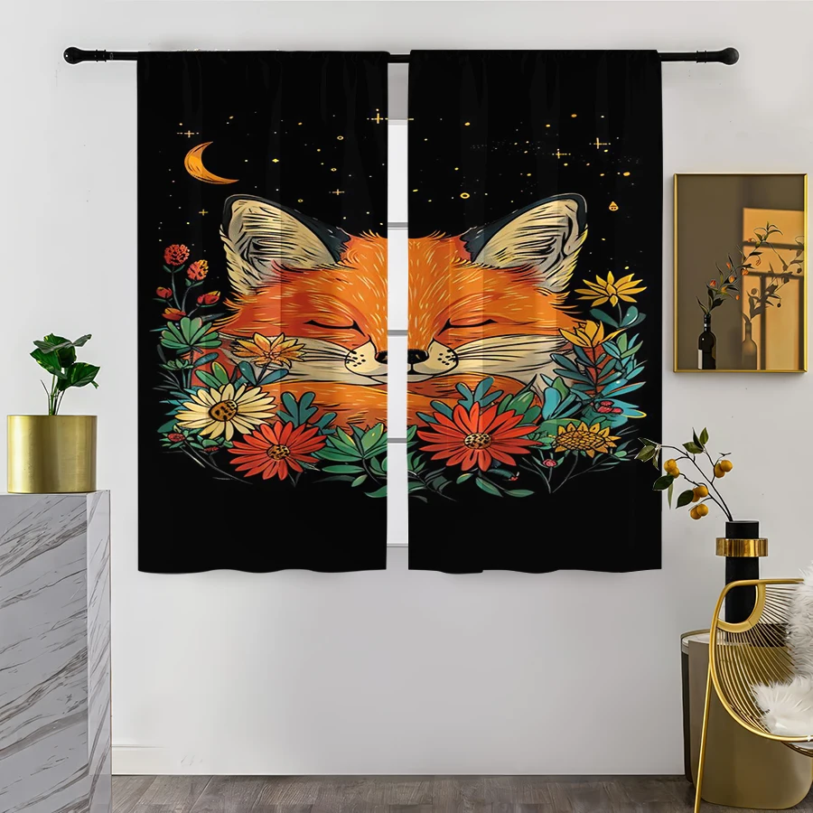 2PCS Digital Print Curtain, Fox Flowers Crescent Moon Black Background, Forest Autumn Cute for Living Room Bedroom Decor