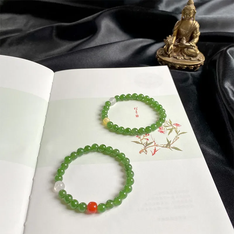 

Hetian jade hand string Yang green bracelet south red beeswax litchi Maitreya design women bracelet gift wish girlfriend bangle