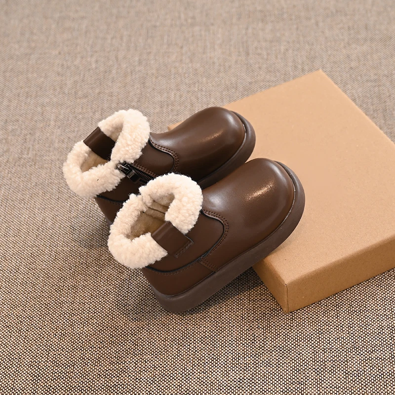 2025 أحذية الفتيات الشتاء الدافئة الفراء أحذية الاطفال الكاحل الأحذية الجلدية لفتاة 1-6 سنوات الأطفال المضادة للانزلاق الثلوج الأحذية البني والأسود #4