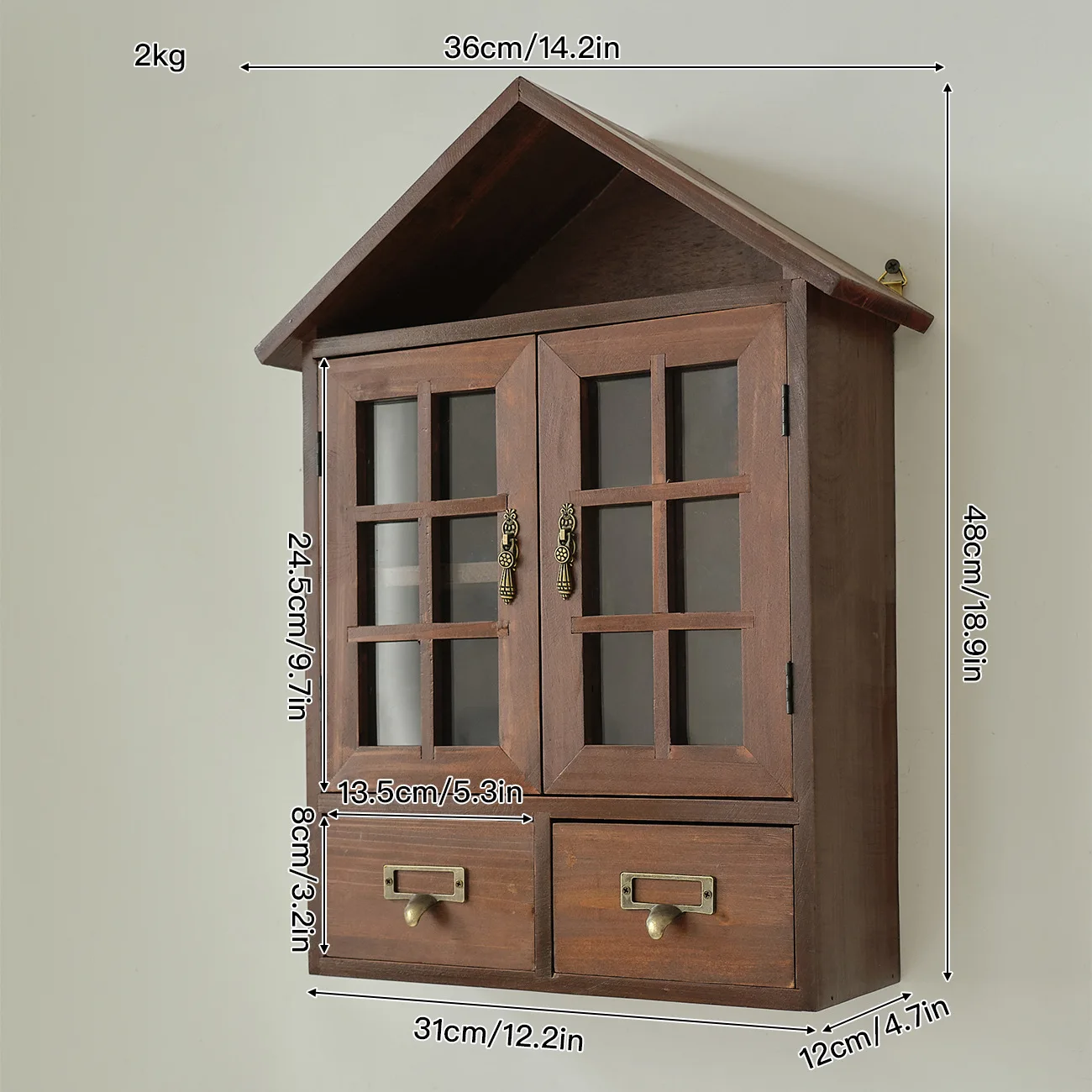 Solid wood storage rack with double doors and drawers, wall and desktop storage cabinet, vintage style for living room and bedro