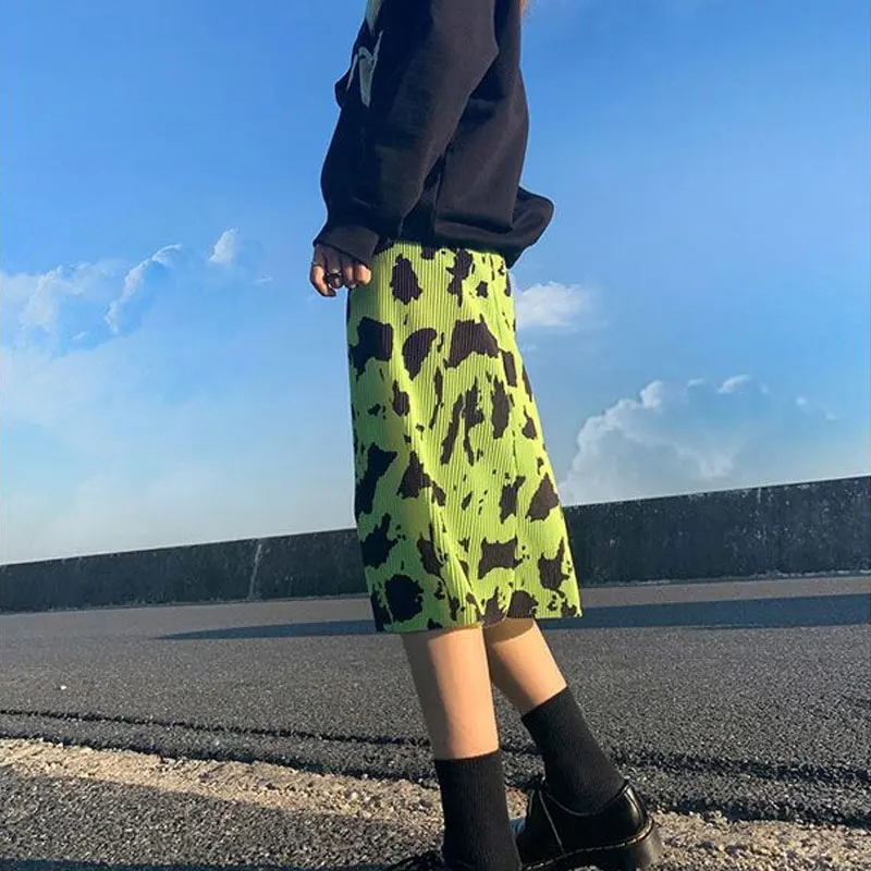 Spring Summer Leopard Printed A-Line Skirts Korean Chic Pleated Women's Clothing Casual Elastic Straight High Waist Midi Skirts