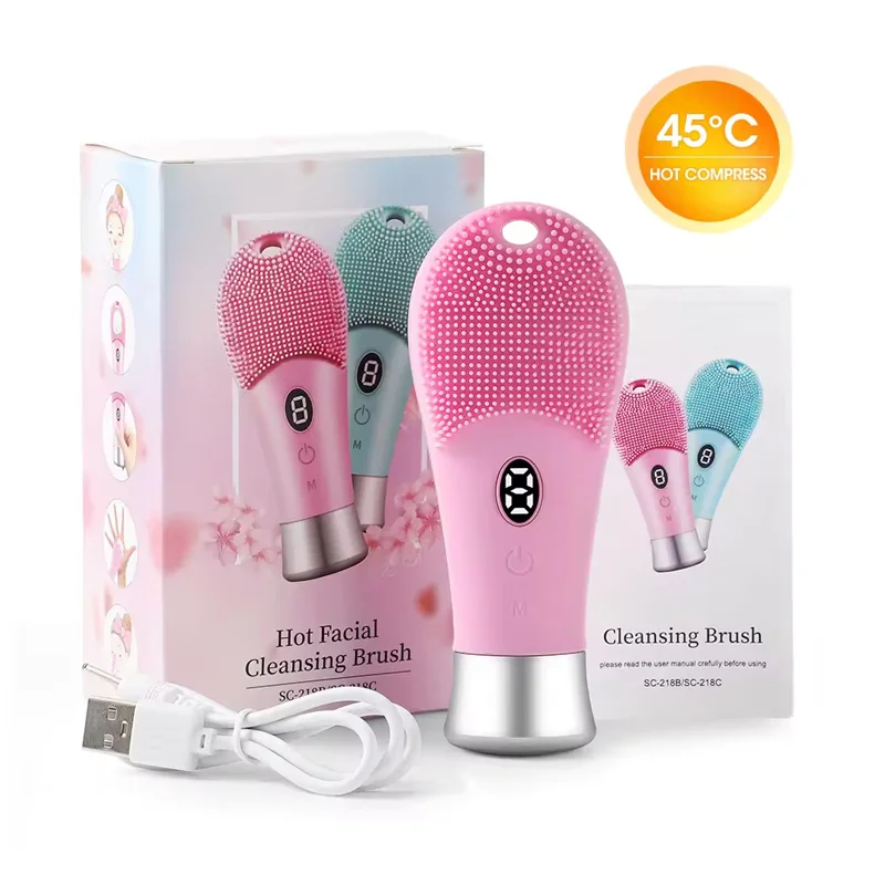 2024 Electric Facial Cleansing Skin Care Ultrasonic Silicone High Frequency Vibration Heating Massager Pore Face Brush