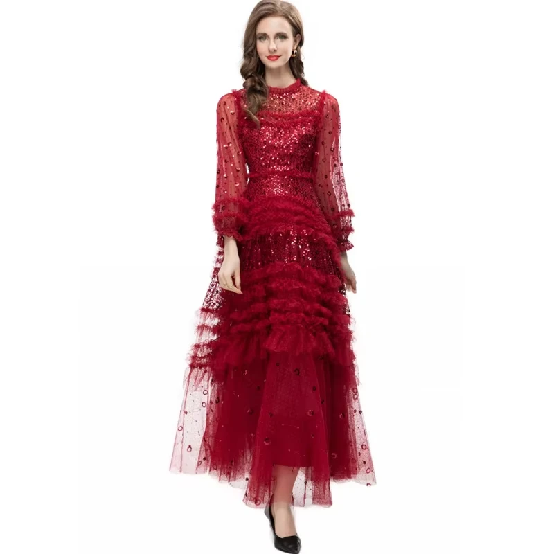 Summer Tulle Sequins Prom Dress Evening Women Brand Designer Mesh Ruffles Cake Long Sleeve Maxi Vestidos Party Wedding Dresses