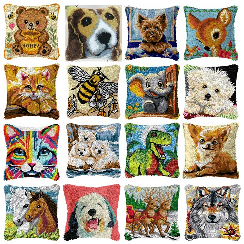 Dog Horse Cat Cushion Smyrna Button Package Cartoon Animals Latch Hook Throw Pillow Embroidery Pillow Hook Kit Set For Needlewor
