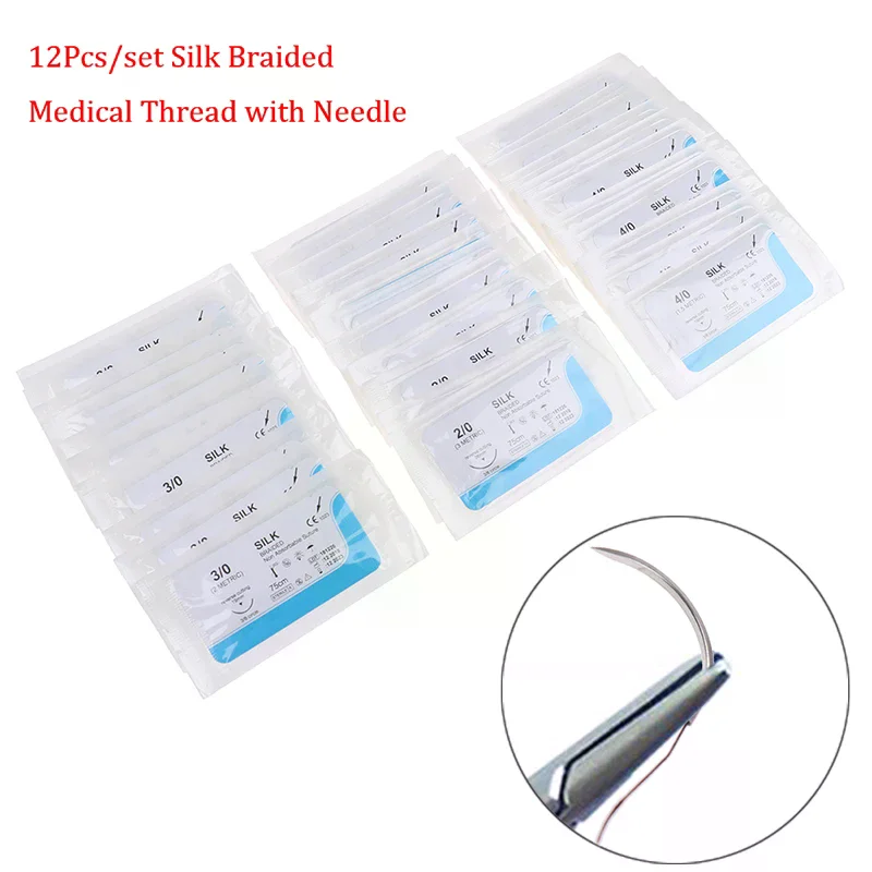 12PCS 2/0 3/0 4/0 Dental Surgical Needle Silk Medical Thread Suture Surgical Practice Kit Teaching Demonstrations