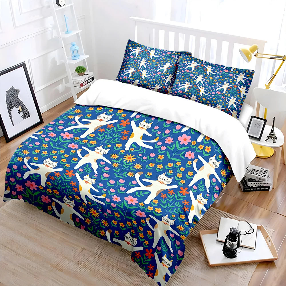 Dancing cats with colorful floral background Bedding Set for Kids Luxury Gift 3pcs Digital Print Comforter Set Soft Comfortable