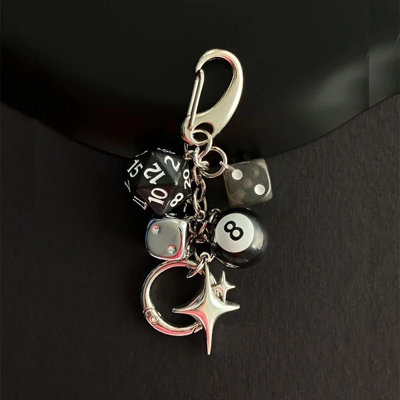 Black Dice Billiards Keychain Hiphop Lucky Dice Y2K Pendant Bag Charm Punk Cool Jewelry Accessories Bag Charms Birthday Gift