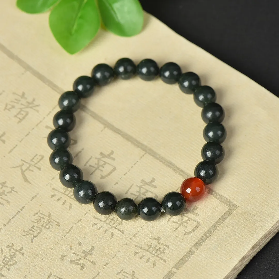 8mm Natural Green Jade Bracelet Women Healing Gemstone Fine Jewelry Genuine Chinese Hetian Jades Red Agate Nephrite Bracelets