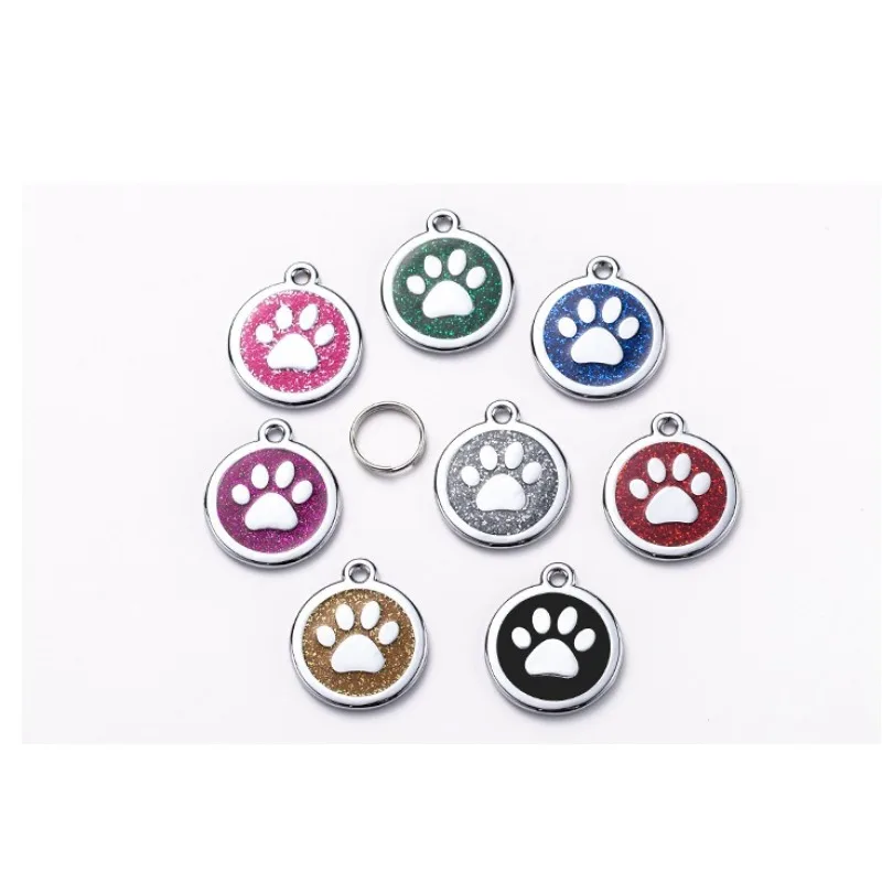 MIXCOLOR  2.5cm Anti-Lost Blank Dog ID Tag Shiny Alloy round Paw Name Tag for Glitter Cat Puppy Pet Collar Accessories