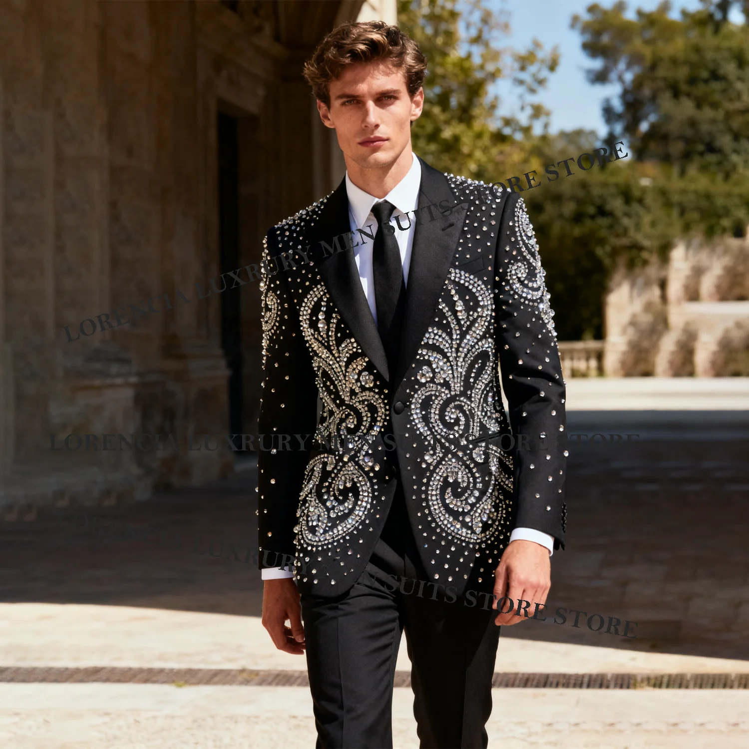 Customized Handsome Men Diamond Design Suits Fashion Wedding Tuxedos Sparkle Slim Ropa hombre 3 Pieces Sets Groom Male Blazers