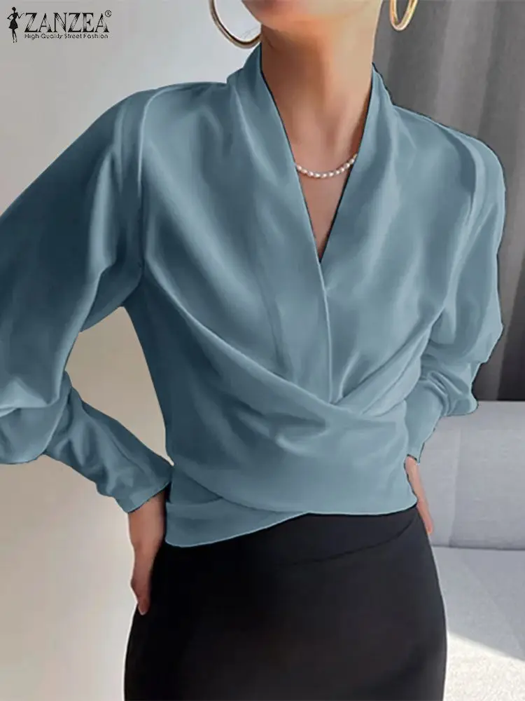 ZANZEA Korean Wrapped Blouses Women Elegant Long Cuff Puff Sleeve V Neck Tops Vintage Waisted Short Blusas Irregular Shirts