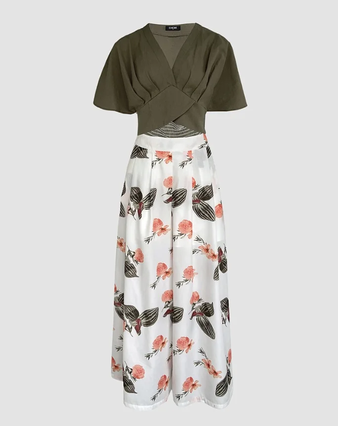 Zomer dames elegante en casual 2-delige effen kleur V-hals korte mouwen geplooide top en bedrukte wijde pijpen broek set