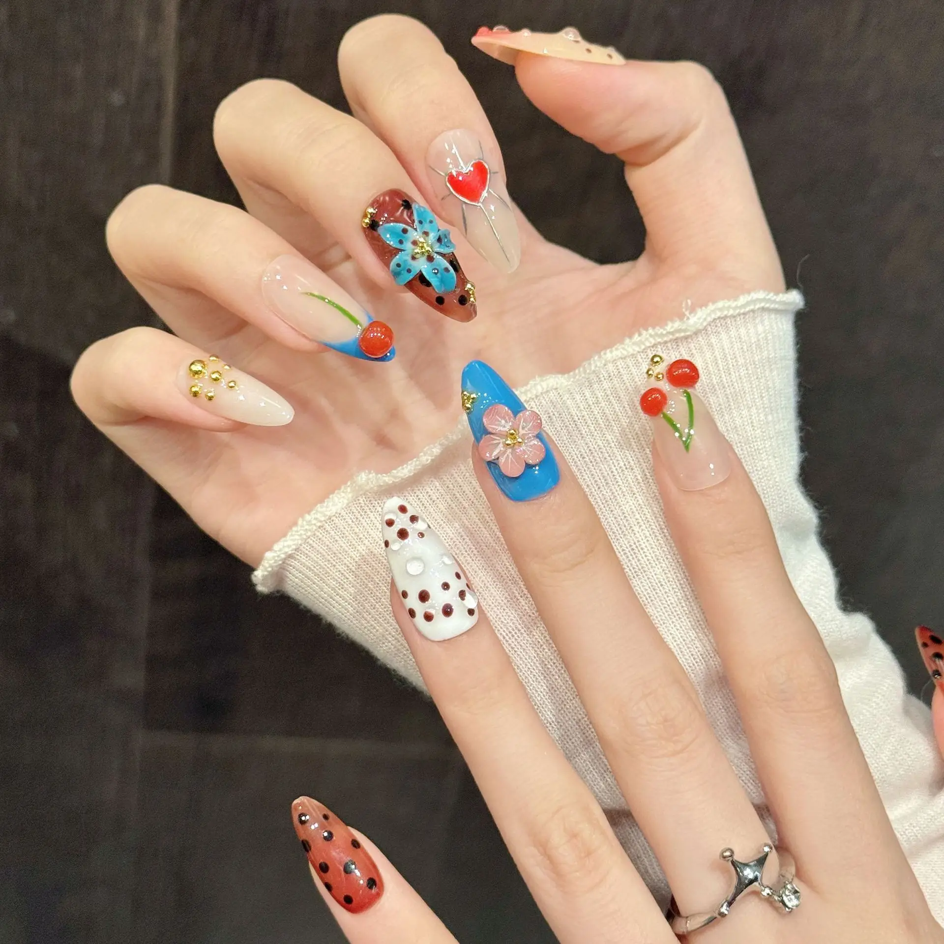 10 PCS Luxury Handmade Press on Nails Middle Almond Contrast cherry Design with 3-PIECE Tool Adhesive Nail Glue Tabs