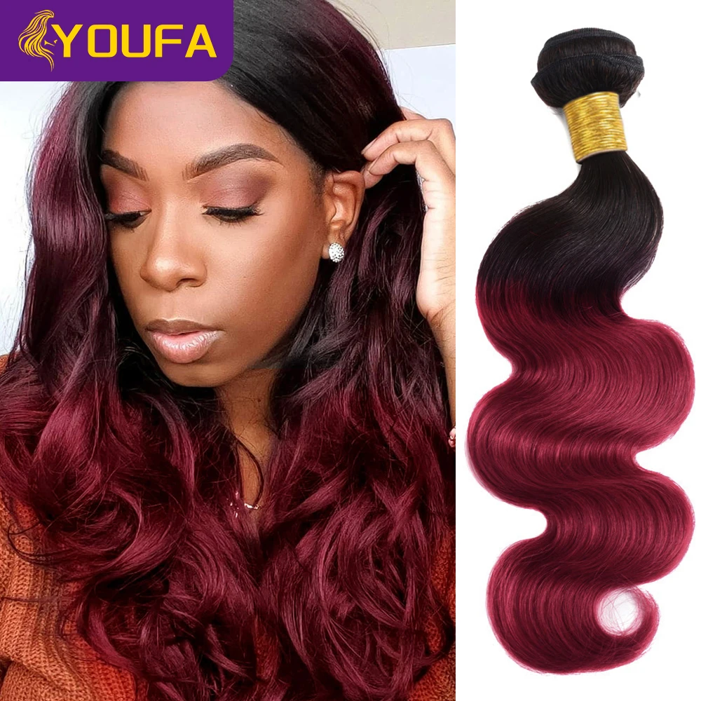 YOUFA 30 32 Inch Ombre Burgundy Body Wave Human Hair Bundles 1B Wine Red Body Wavy Human Hair Weave Bundles For Black Women