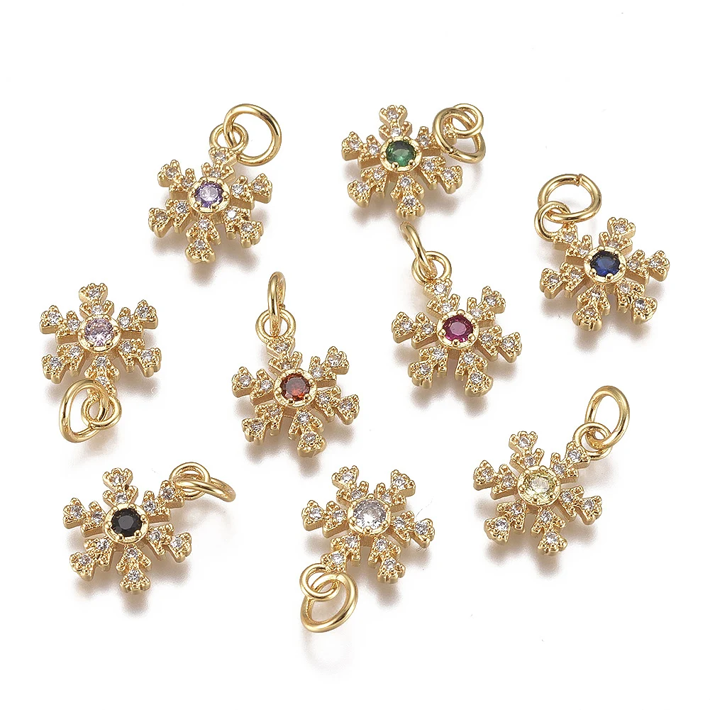 

20pcs Christmas Metal Cubic Zirconia Charms with Jump Ring Gold Plated Snowflake Randomly Mixed Color for DIY Jewelry Necklace