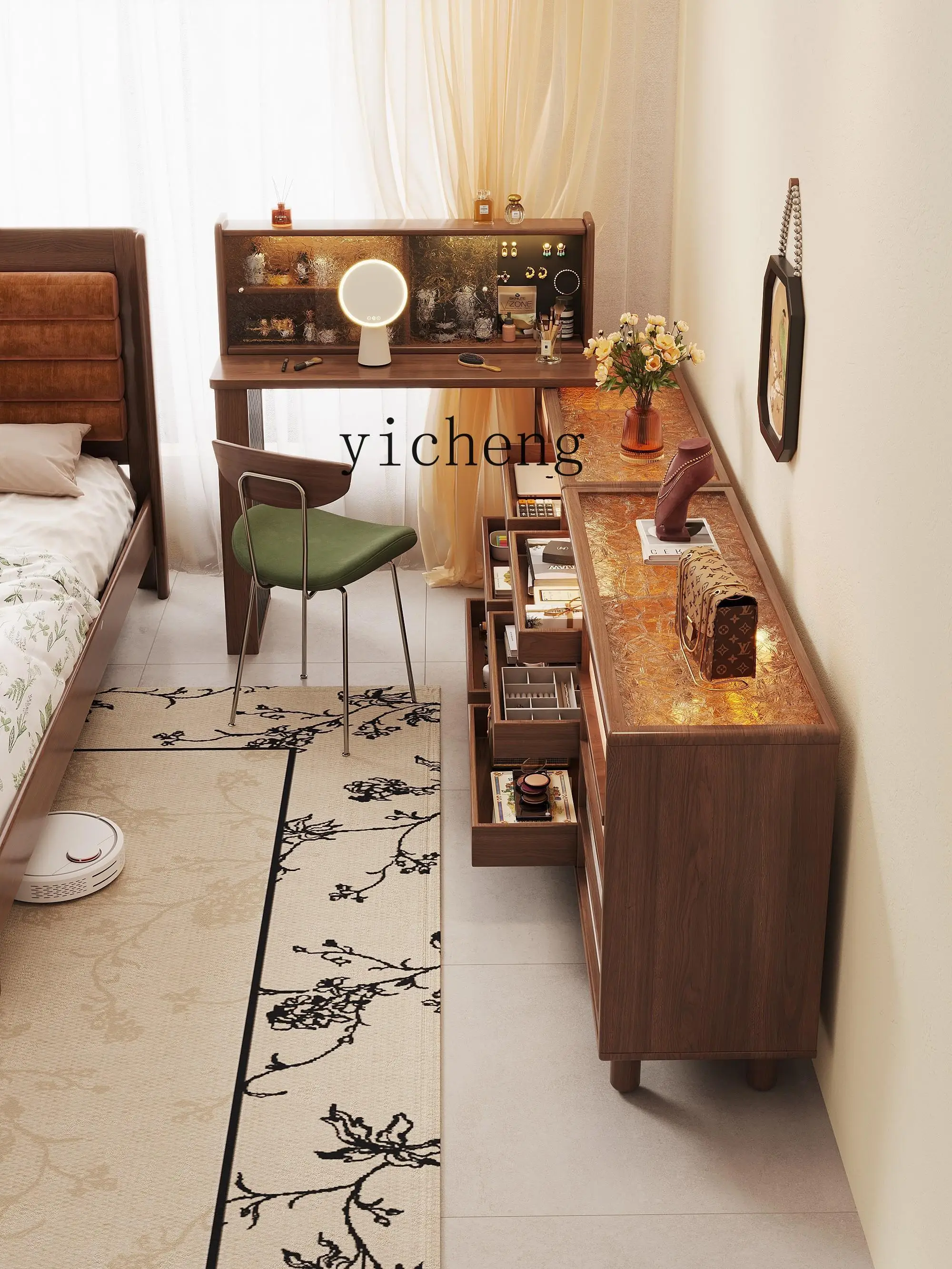 v3 Dressing Table Black Walnut Solid Wood Chest of Drawers Bedroom Storage Extendable Corner Makeup Table