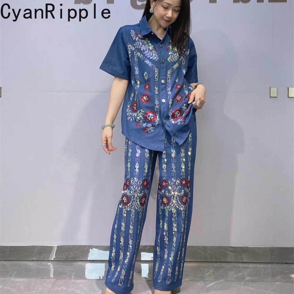 

New Spring Summer Women Two-piece Set Hot Diamonds Loose Short Sleeve Denim Cardigans Shirts+Elastic Waist Casual Straight Pants