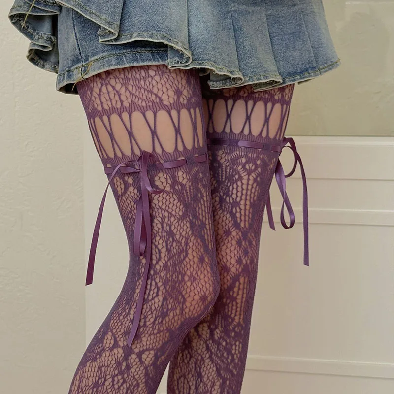 Women JK Lace Bow Tie Hollow Out Stockings  Flower Bottoms Socks Women Pantyhose Tights Night Club Cosplay Party Accessories
