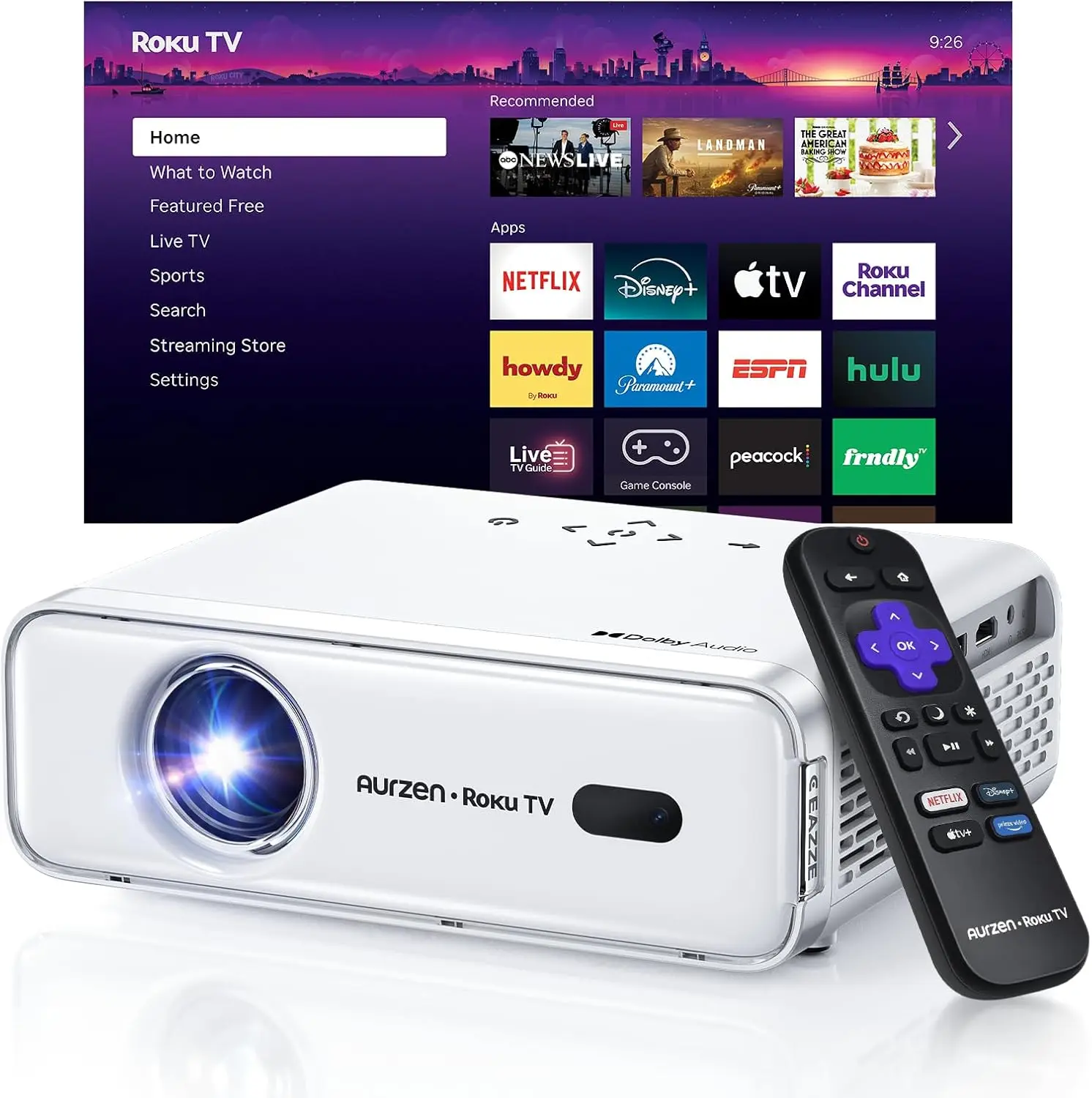 

Smart Projector with Wifi, Bluetooth, Roku Streaming, 1080P FHD, Dolby Audio, Auto Focus & Keystone for Outdoor Movies