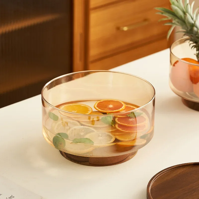 Acacia Wooden Glass Fruit Tray Salad Bowl High-foot Fruit Tray Table Living Room Snack Candy Dried Fruit Tray
