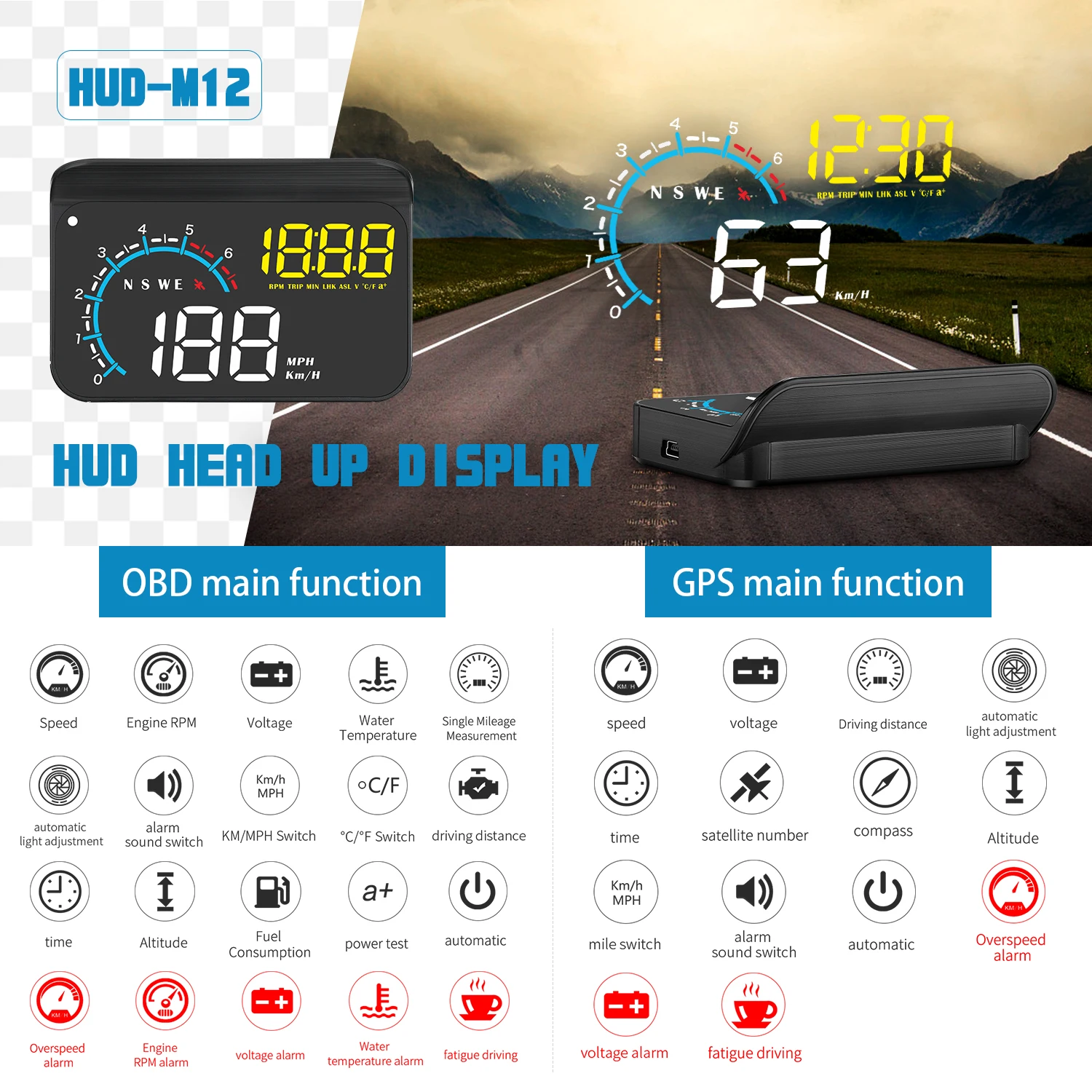 M12 OBD2 + GPS HUD Head Up Display Car Speedometer With Altitude Compass Projection Fuel Consumption Water Temp Voltage Gauge view 3