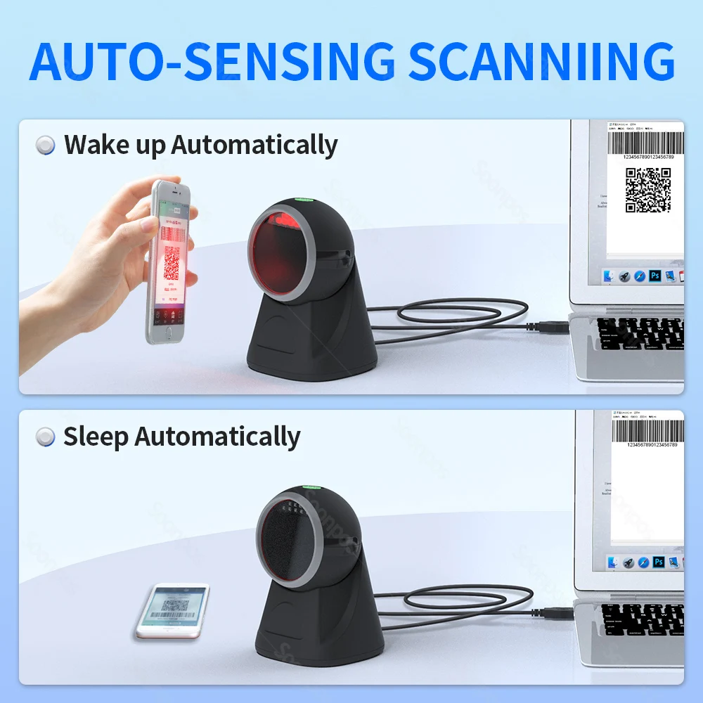 Soonpos Omnidirectional 1D 2D QR Barcode Scanner Automatic Sensing USB USB-COM Wired Bar Code Reader For Cashier Exposure