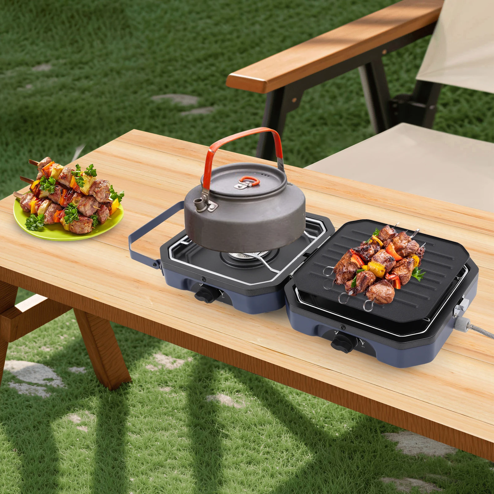 

9.4 * 9 * 5.7In Foldable Camping Stove with Baking Plate 2 Burners Portable Barbecue Stove