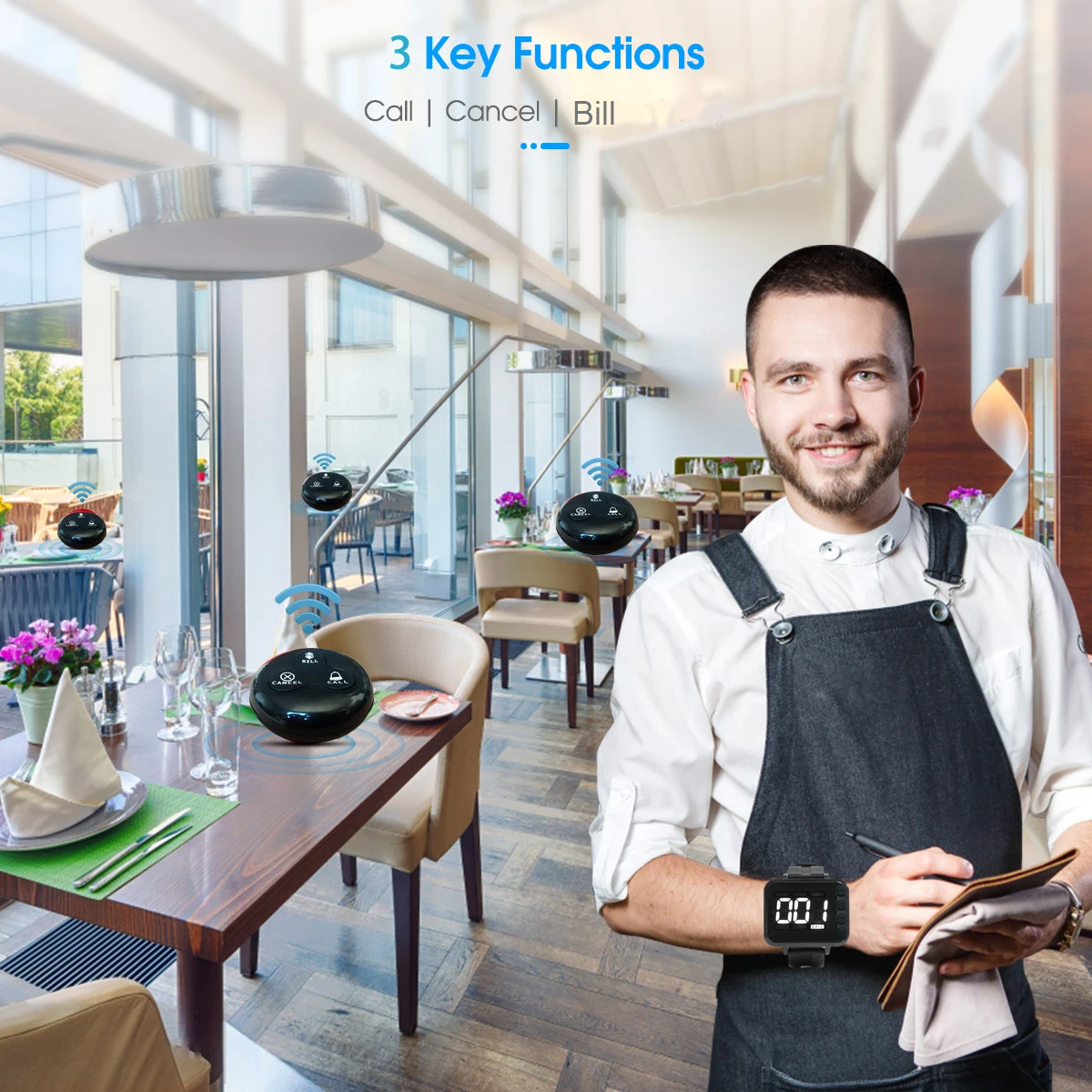 Wireless Calling System Restaurant Waiter Pager 1 Vibration Watch Clock 5 Waterproof Bell Button Hookah for Bar Cafe Hospital