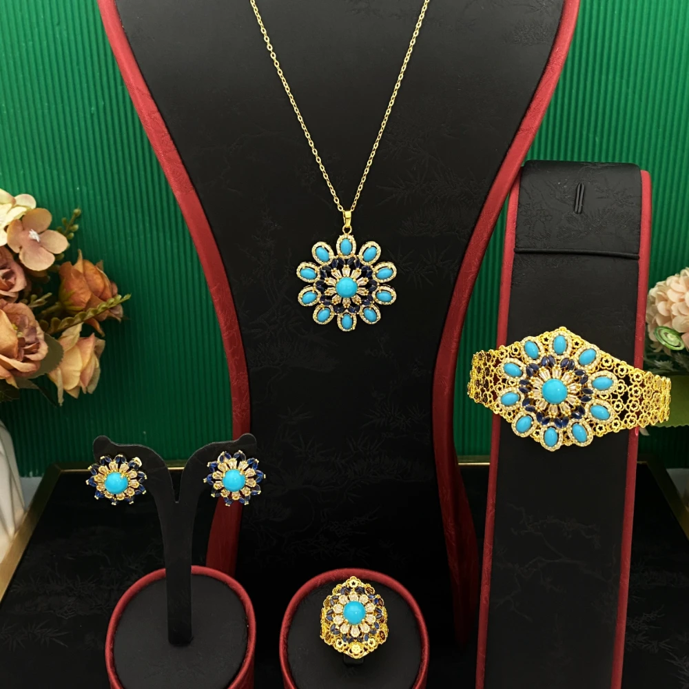 

Falair Nigerian Tribal Style Gold Plated Copper Jewelry Set Cubic Zirconia Bridal Wedding Party Necklace Earrings Bracelet Ring