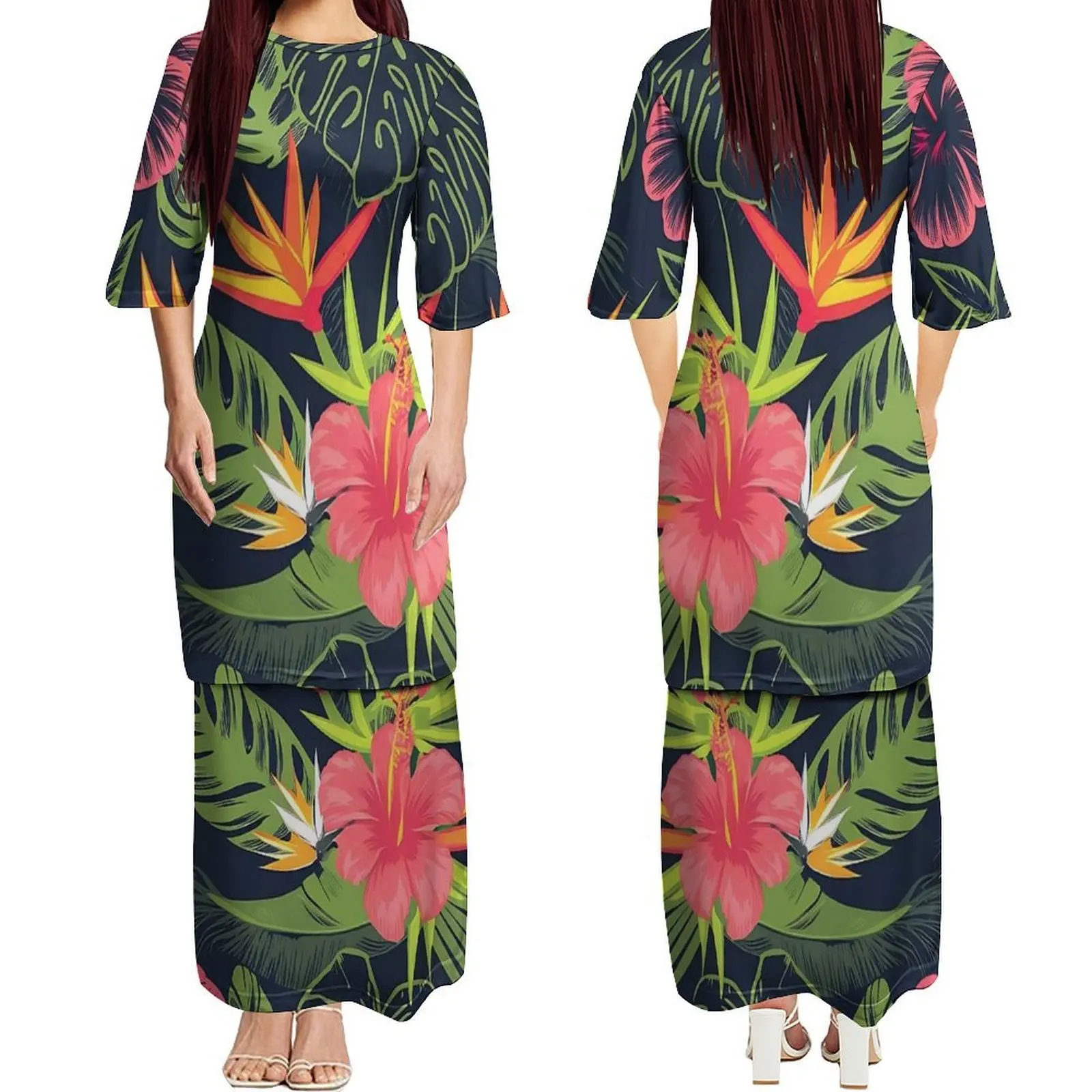 Vestido de dupla camada para mulheres com gola redonda e manga média personalizado hibisco padrão verão puletasi vestido elegante e emagrecedor