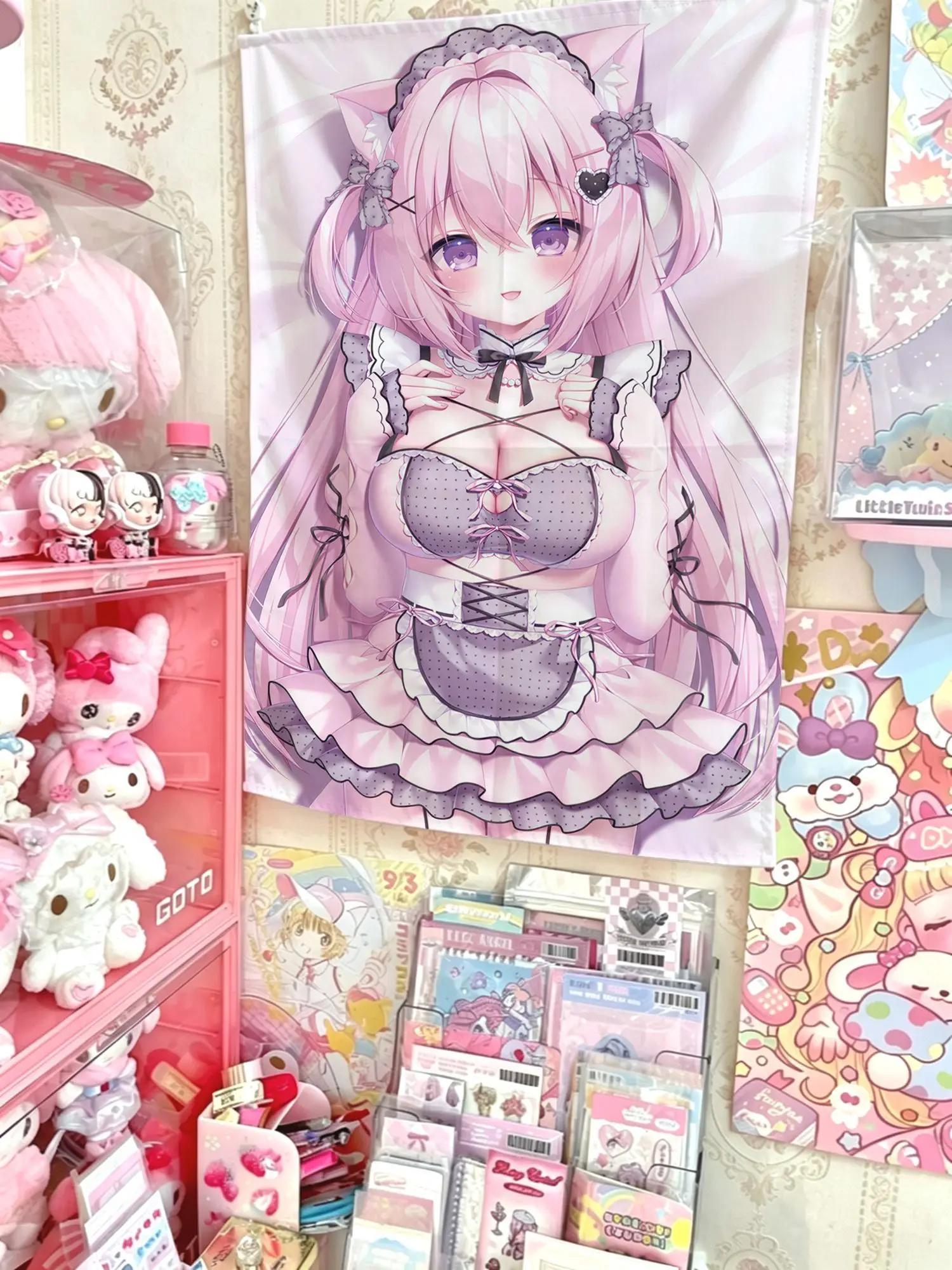 Kawaii Harajuku Aesthetic Anime Cat Girl Wall Tapestry, Sweet Girl Wall Hanging Background Cloth for Bedroom Bedside Dorm Interi