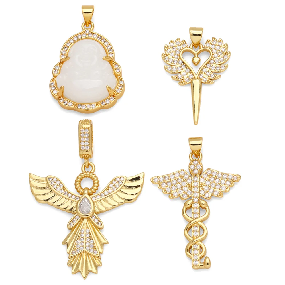 OCESRIO White Crystal Resin buddha Pendant for Necklaces Copper Gold Plated wings angel Jewelry Making Supplies pdtb605