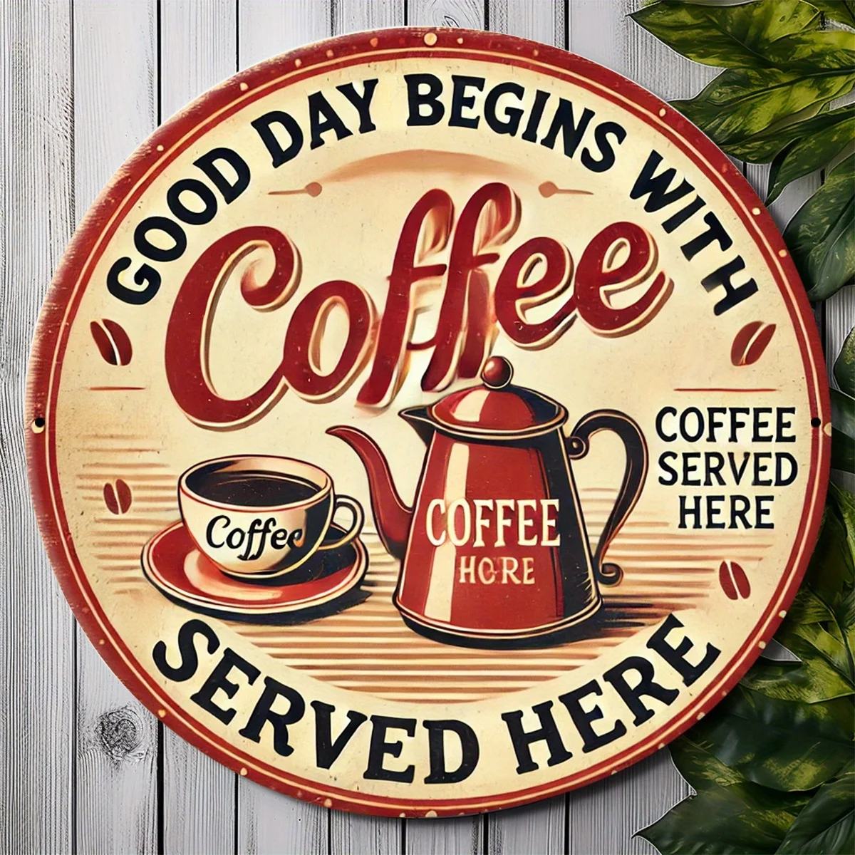 1pc of Retro Coffee-Themed Metal Wall Art Sign - 19.99 cm Round Aluminum Decoration Featuring a Red Teapot And Cup Design - Grea