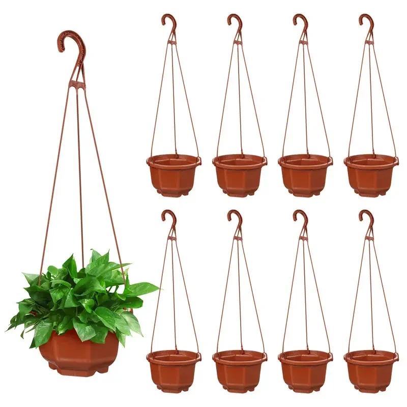 10/20Set 3.7 Inches Plastic Flower Pots With Hooks, Brown & White Hanging Planter For Indoor And Garden Plant Decoration