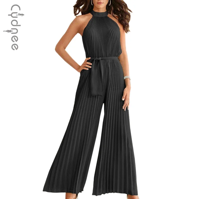 CYDNEE Summer New Hanging Ruched Pleated Sleeveless jumpsuit women Lace up Slim Loose Fit Wide Leg jumpsuit women elegance