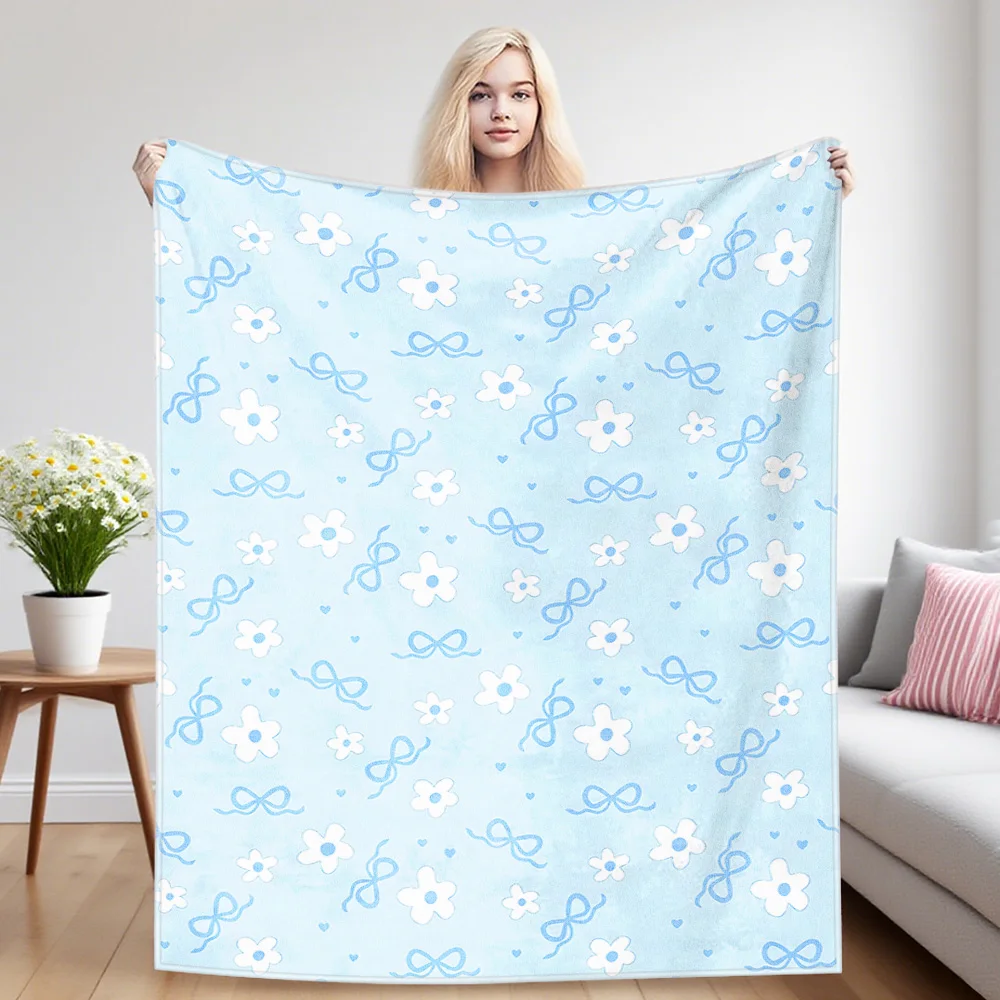 Blue Bow Daisies Flannel Blankets Are Suitable For Sofas, Men's Room Decorations, Thick And Warm Gifts For Teenagers