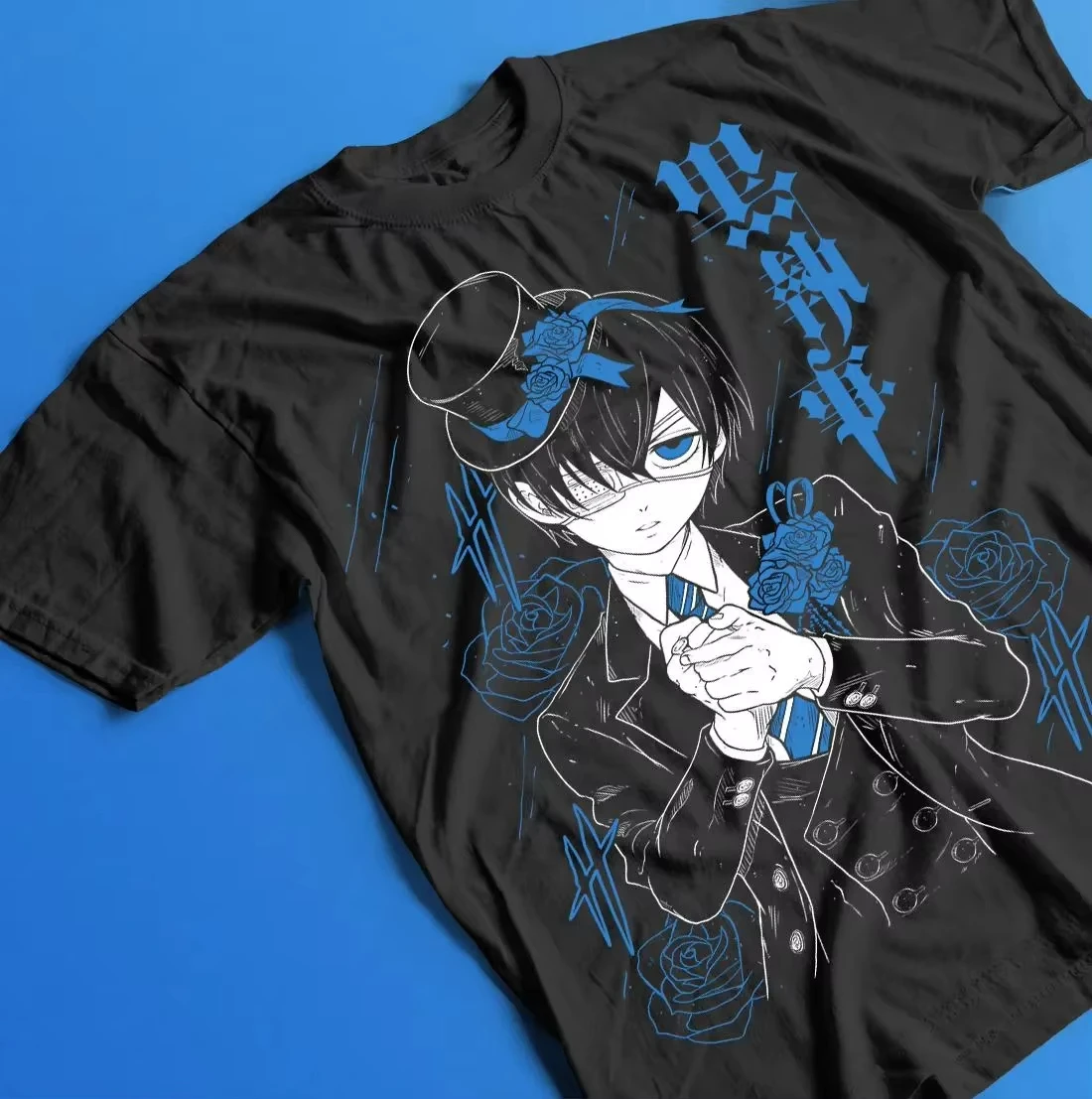 2026 summer Black Butler Single Sided T-shirt Ciel Phantomhive Blue Rose Gothic Print Oversized Cotton Tee For Dark Anime Fans