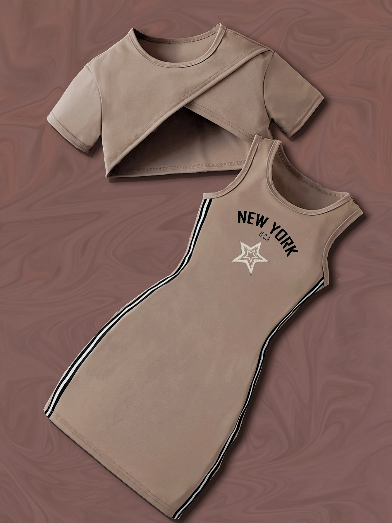 فستان بناتي صيفي بأكمام قصيرة مطبوع فستان نيويورك الولايات المتحدة الأمريكية مطبوع بدلة تنورة مكونة من قطعتين